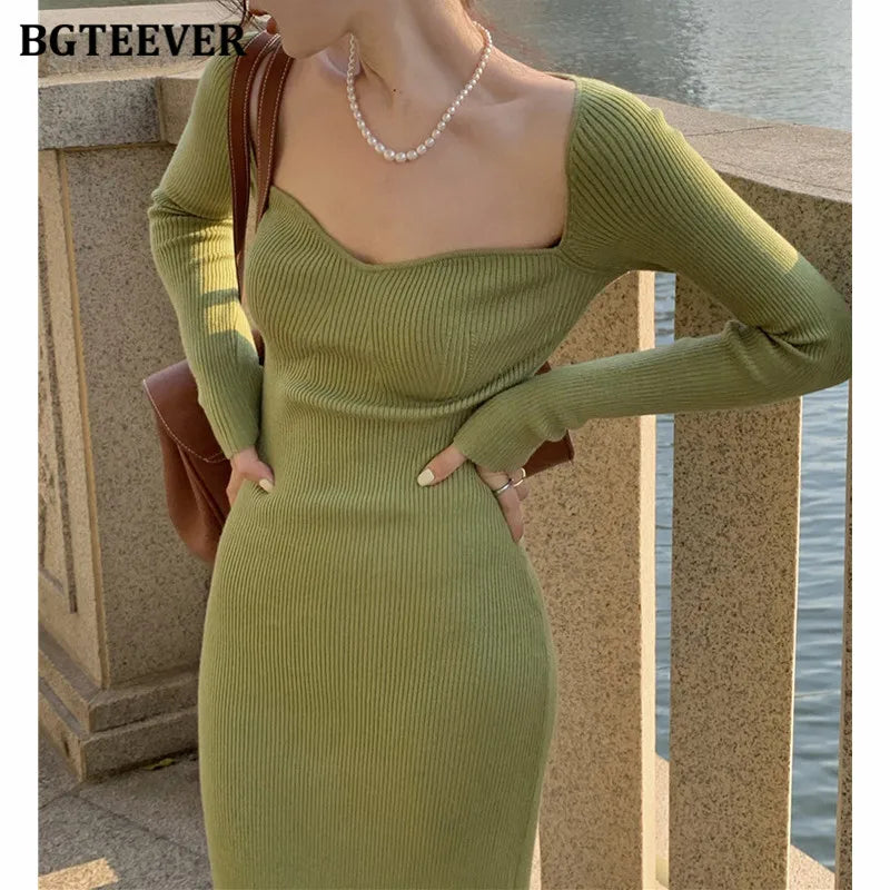 Chic Vintage Square Collar Knitted Bodycon Dress - Stylish Split Pencil Dress for Autumn/Winter