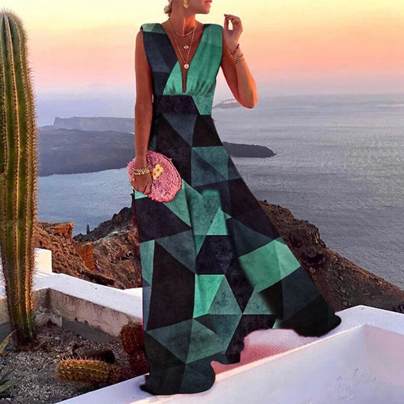 Elegant Summer Retro Floral Maxi Dress - Deep V Neck Sleeveless Beach Party Dress for Women