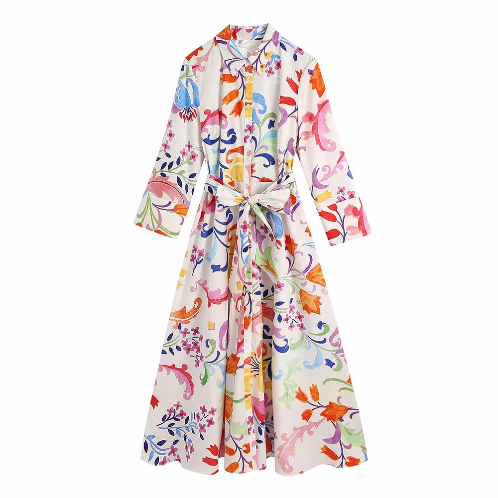 Chic Summer Floral Midi Dress with Bow Sashes and Three-Quarter Sleeves for Women