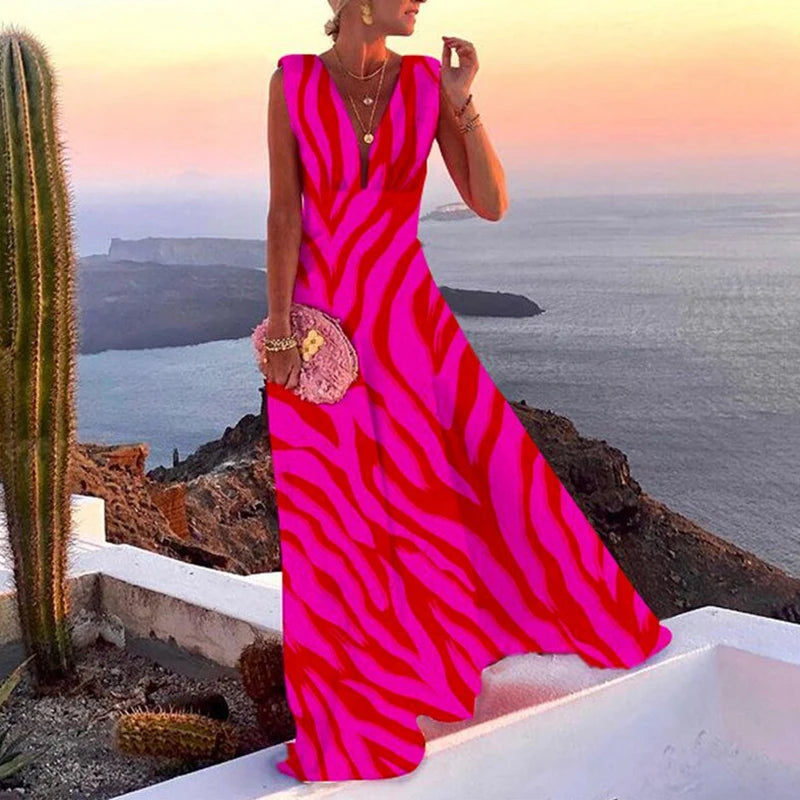 Elegant Summer Retro Floral Maxi Dress - Deep V Neck Sleeveless Beach Party Dress for Women