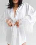 Elegant Satin Feather Bathrobe & Mini Dress - Long Sleeve Loose Peignoir for Brides and Special Occasions