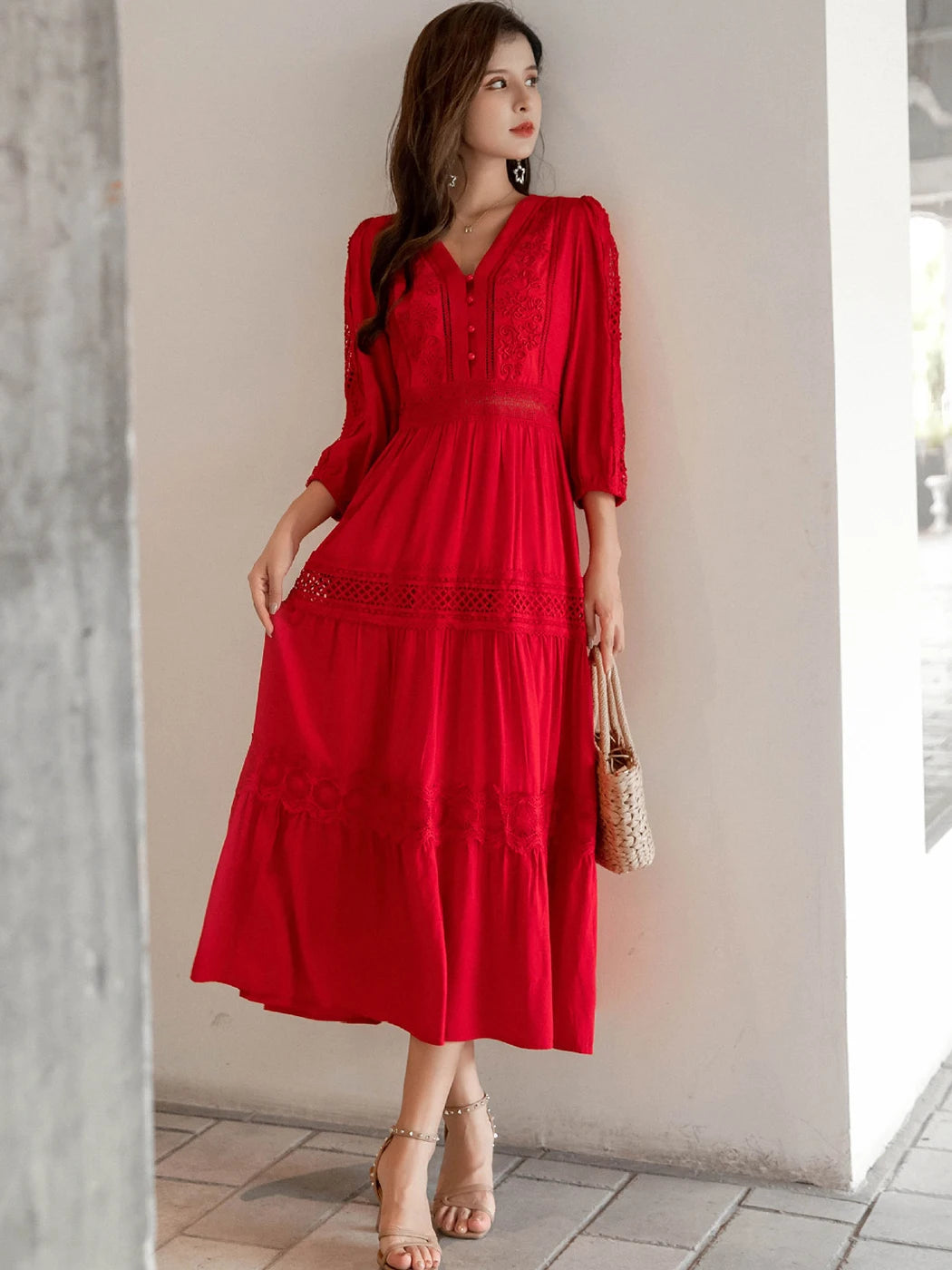 Elegant V-Neck Lantern Sleeve Maxi Dress - 2025 Spring Summer Cotton Patchwork Lace Beach Dress for Women