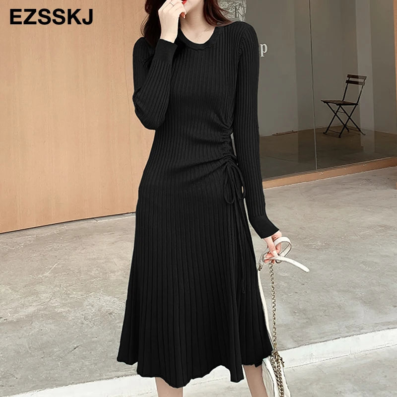 Chic A-Line Knit Sweater Dress for Women - Elegant Slim Midi with Drawstring Detail for Autumn & Winter