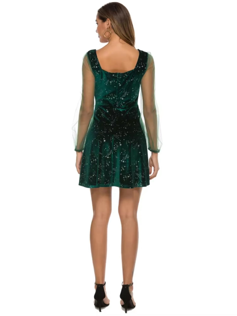 2023 Spring Green Velvet Mini Dress with Sheer Sleeves - Elegant A-Line Party Dress for Women and Girls in S, M, L, XL