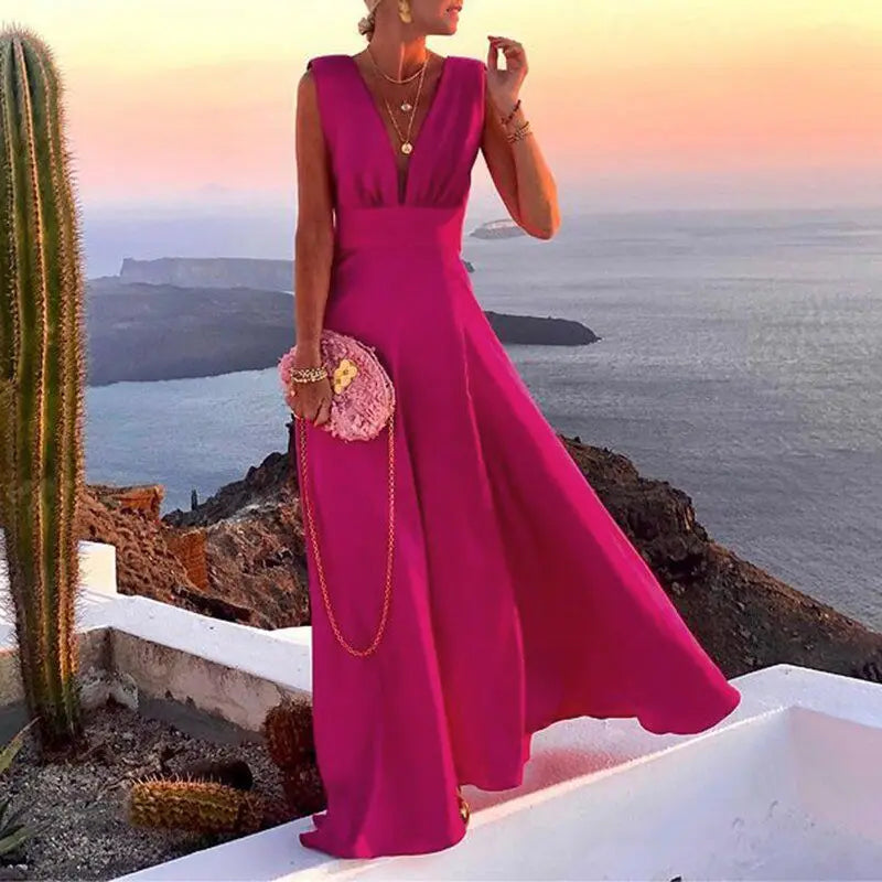 Elegant Summer Retro Floral Maxi Dress - Deep V Neck Sleeveless Beach Party Dress for Women