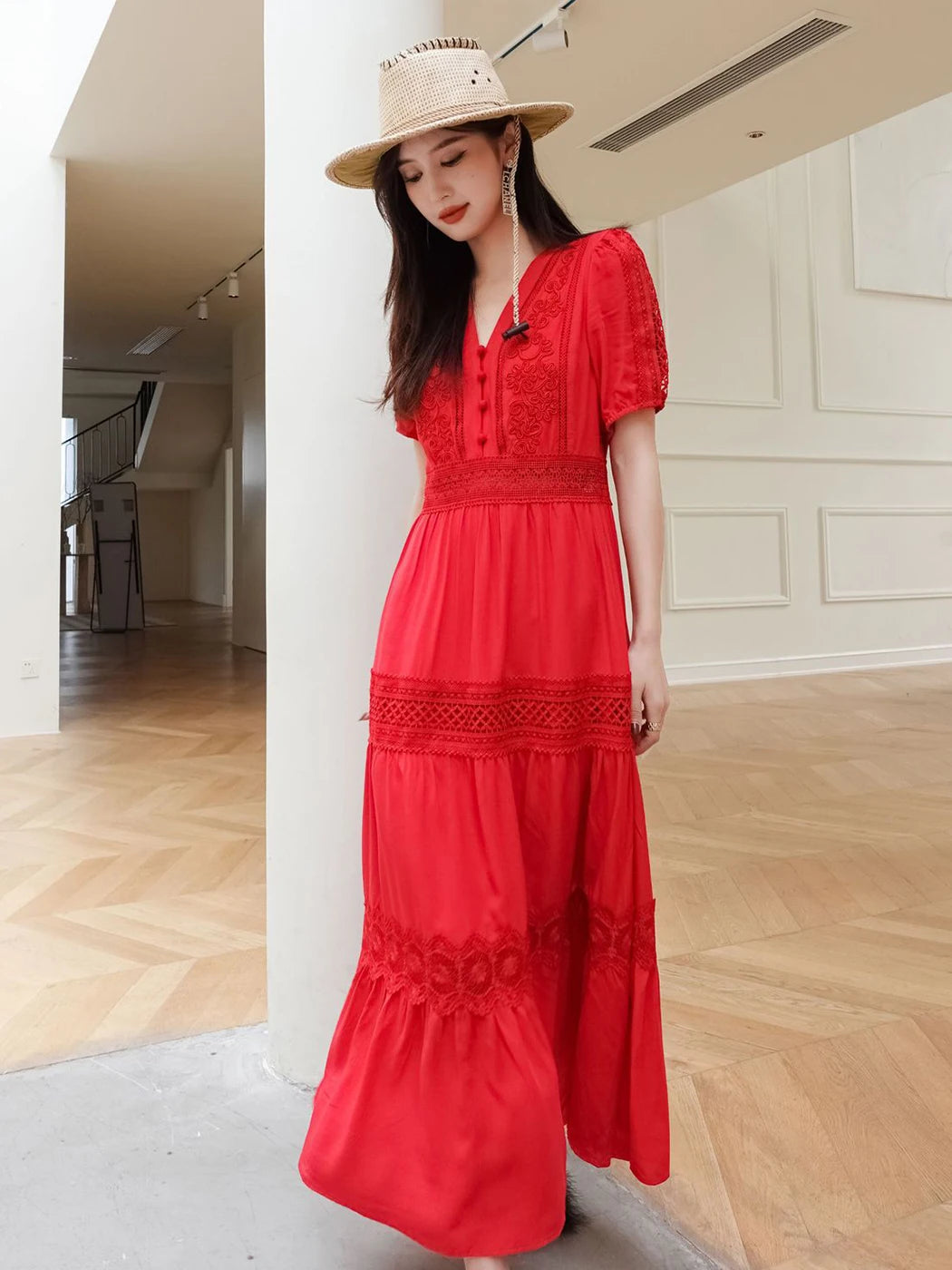 Elegant V-Neck Lantern Sleeve Maxi Dress - 2025 Spring Summer Cotton Patchwork Lace Beach Dress for Women