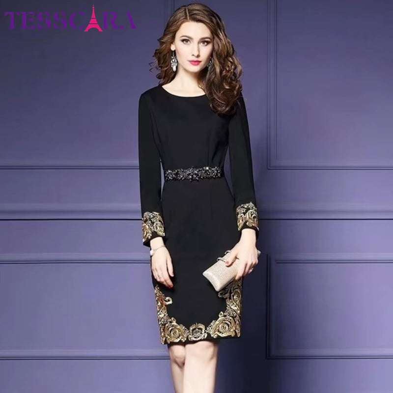 Elegant Vintage Embroidery Pencil Dress for Women - Autumn & Winter Luxury Office Wear