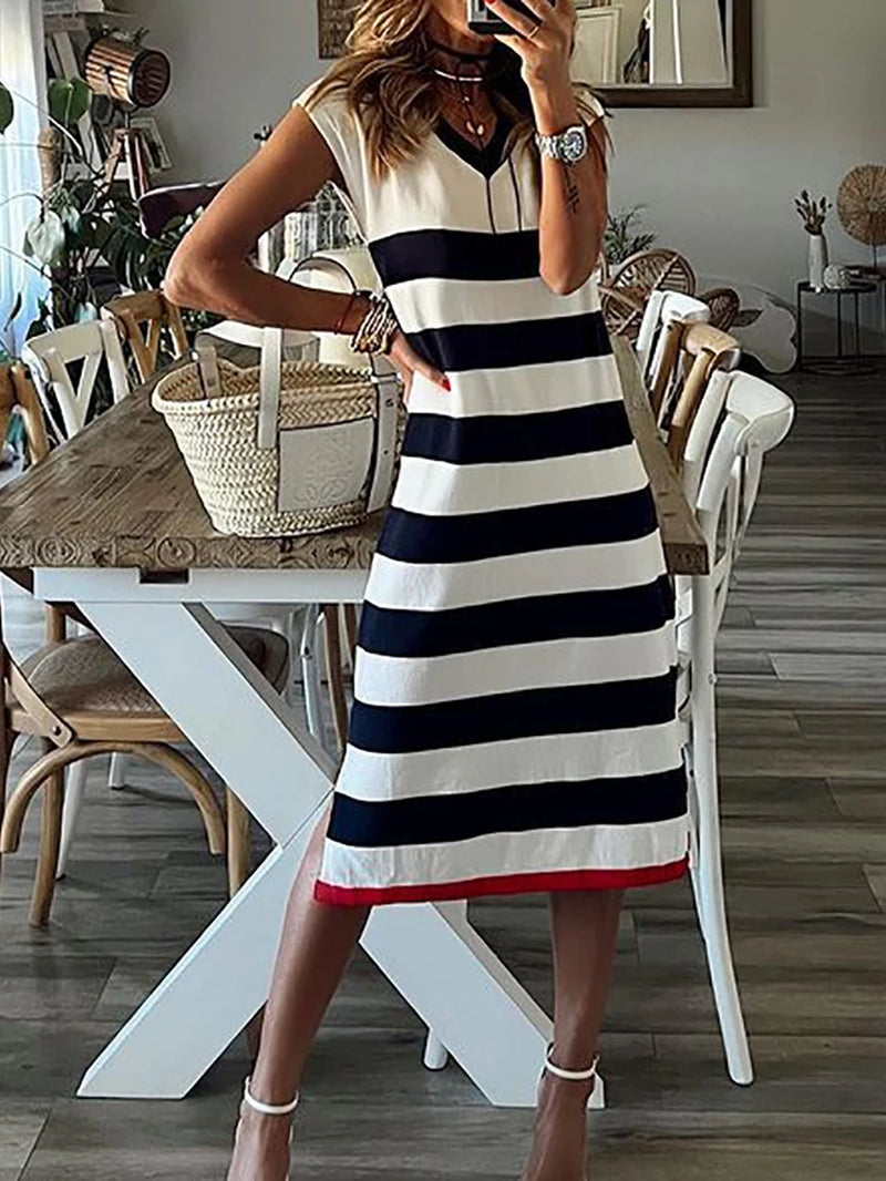 Elegant Women's Striped V-Neck Sleeveless Party Dress - Casual Loose Mid Dress for Office & Events 2023