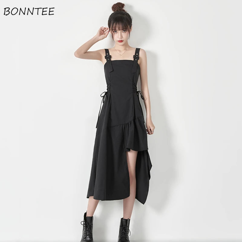 Chic Vintage Black Asymmetrical Sundress - Trendy Lace-Up Sleeveless Streetwear for Summer