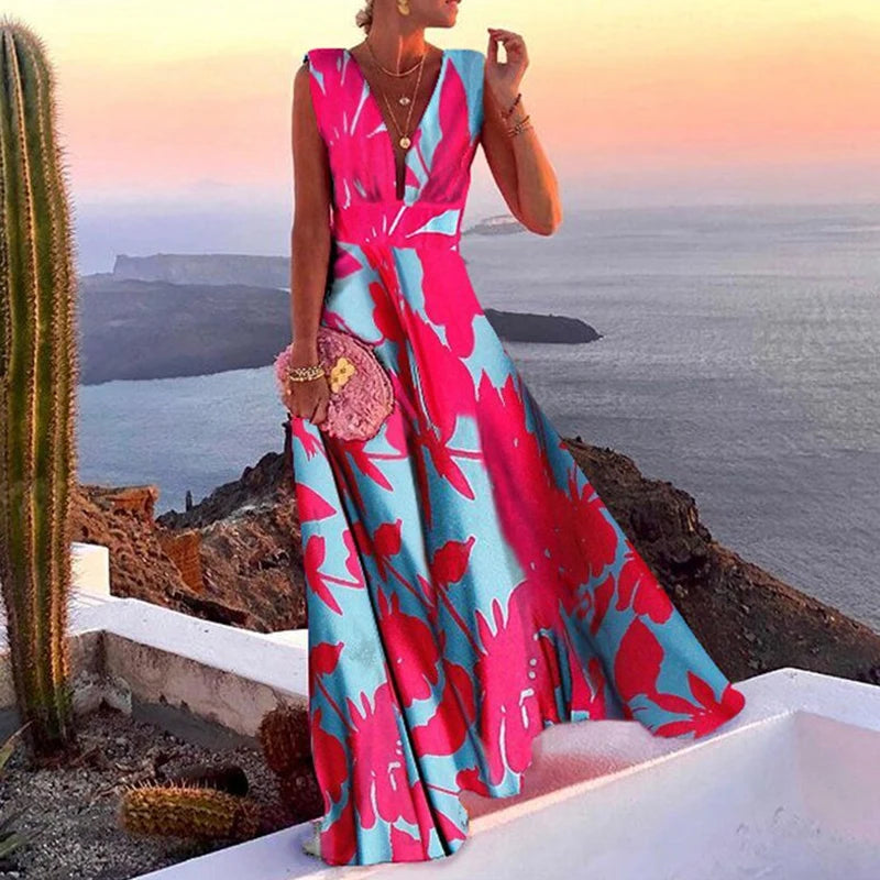Elegant Summer Retro Floral Maxi Dress - Deep V Neck Sleeveless Beach Party Dress for Women