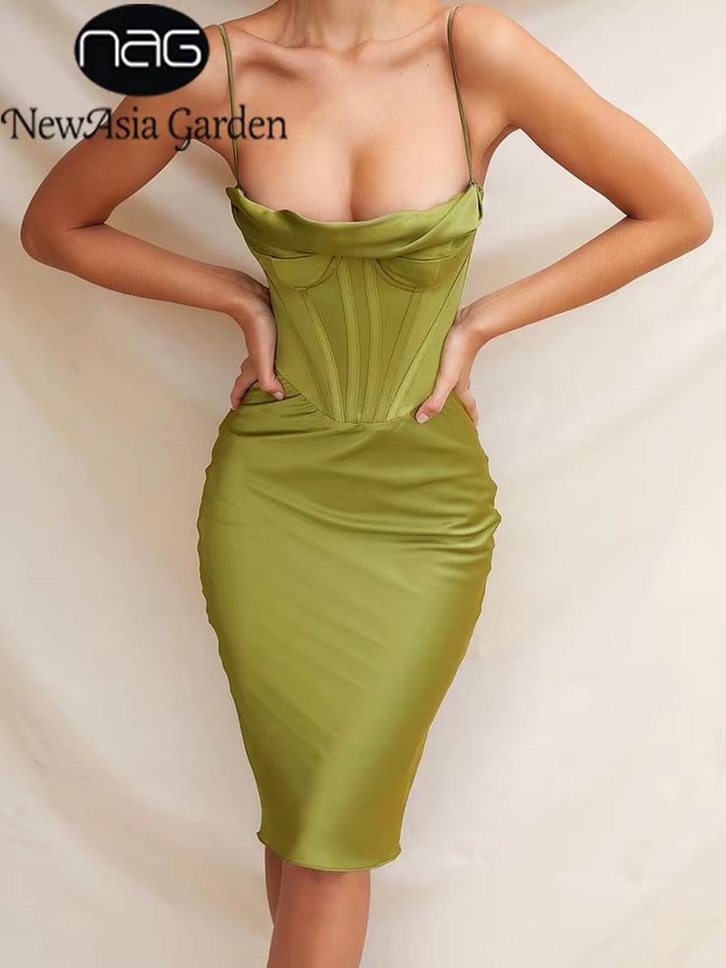 Satin Corset Midi Dress with Spaghetti Straps - Push Up Padded Bodycon for a Sexy Summer Look 2021
