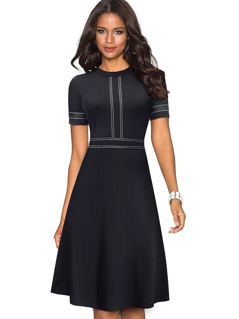 Elegant Vintage Patchwork A-Line Dress for Women - Perfect for Business and Party Events