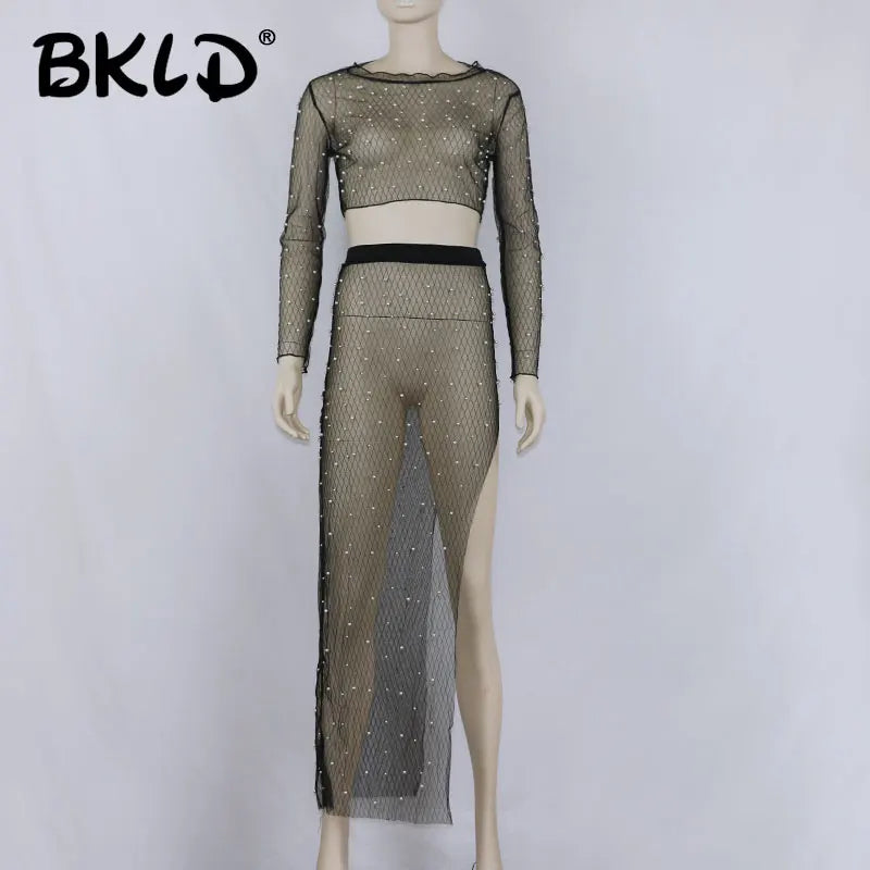 Chic Summer Women's Two-Piece Beach Set - Sexy Mesh Crop Top & Skirt with Pearl Beading