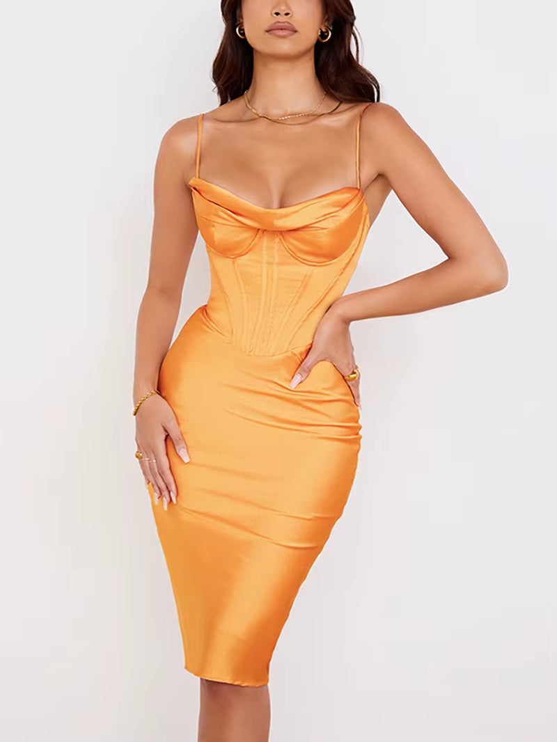 Satin Corset Midi Dress with Spaghetti Straps - Push Up Padded Bodycon for a Sexy Summer Look 2021