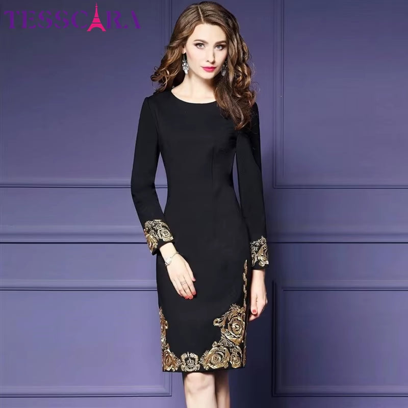 Elegant Vintage Embroidery Pencil Dress for Women - Autumn & Winter Luxury Office Wear