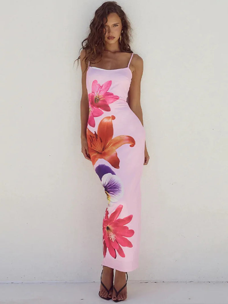 Elegant Floral Print Midi Dress for Women - Summer Spaghetti Strap Backless Bodycon Gown