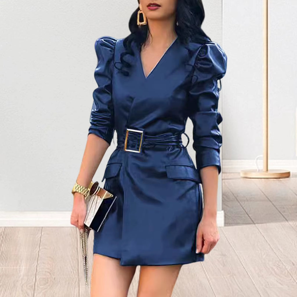Elegant Lace Long Sleeve Mini Dress with Zipper Pockets - Slim Fit Faux Leather Party Dress for Women