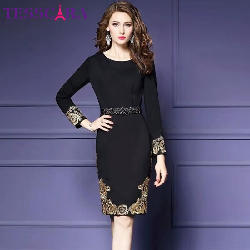 Elegant Vintage Embroidery Pencil Dress for Women - Autumn & Winter Luxury Office Wear