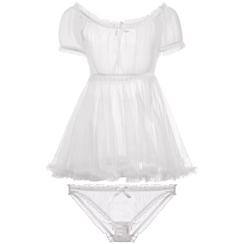 Kawaii Lace Off-Shoulder Nightdress Set - Sheer Tulle Lingerie & Cosplay Costume for Women
