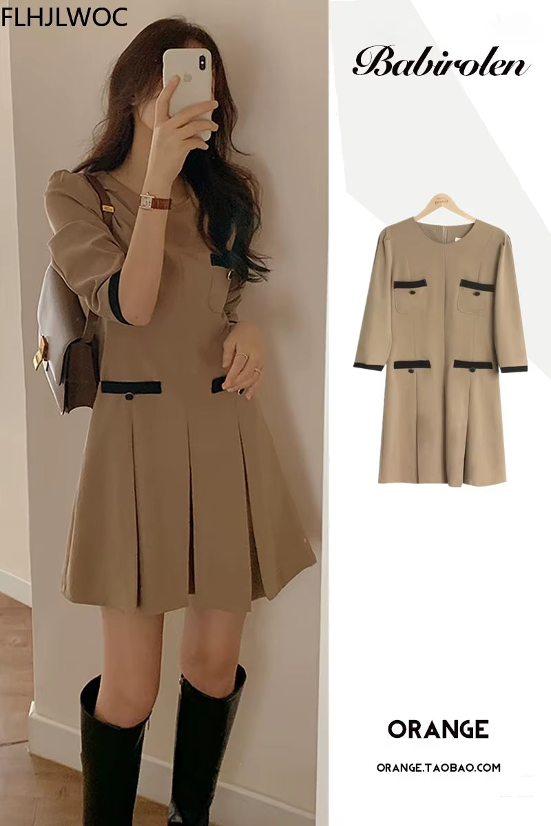 Chic Retro French Mini Dress - Elegant Khaki Style for Office & Casual Wear
