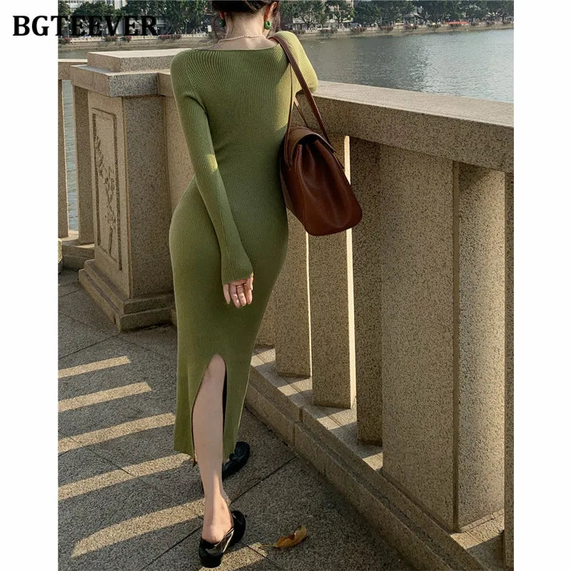 Chic Vintage Square Collar Knitted Bodycon Dress - Stylish Split Pencil Dress for Autumn/Winter