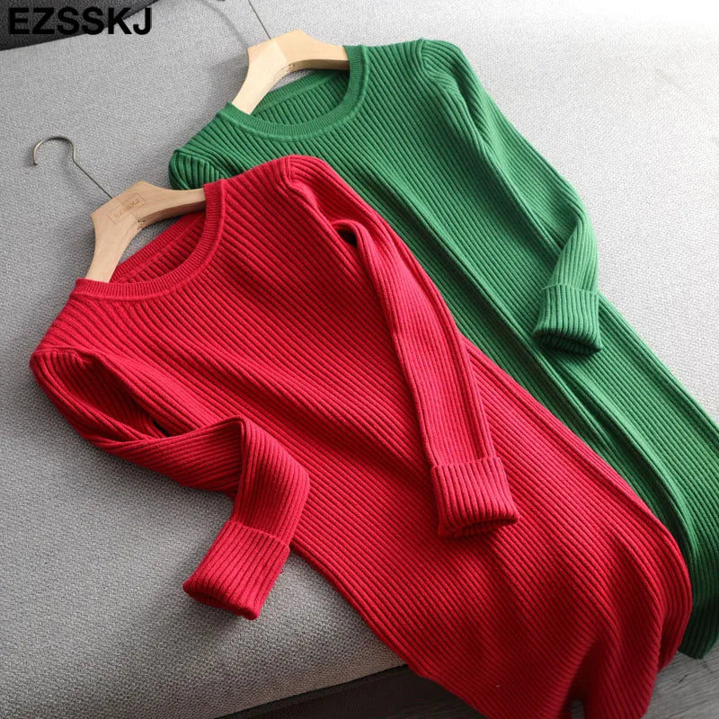 Cozy Chic: Women's Long Sleeve O-Neck Bodycon Sweater Dress for Autumn & Winter