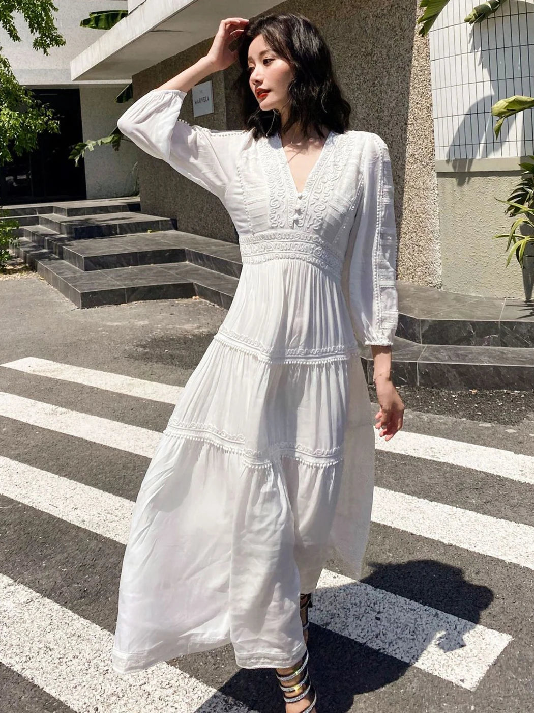 Elegant V-Neck Lantern Sleeve Maxi Dress - 2025 Spring Summer Cotton Patchwork Lace Beach Dress for Women