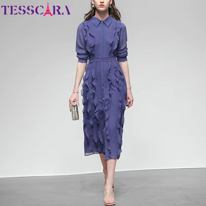 Elegant Women's Chiffon Dress Shirt - Perfect for Office and Cocktail Parties, Ruffle Design, High Quality Robe Femme