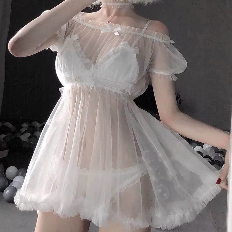 Kawaii Lace Off-Shoulder Nightdress Set - Sheer Tulle Lingerie & Cosplay Costume for Women