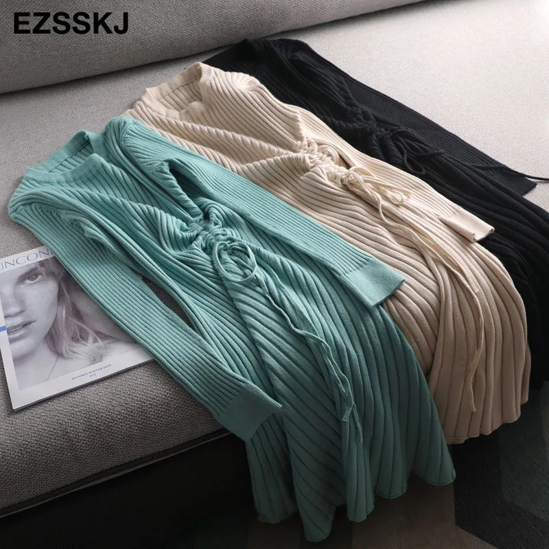 Chic A-Line Knit Sweater Dress for Women - Elegant Slim Midi with Drawstring Detail for Autumn & Winter