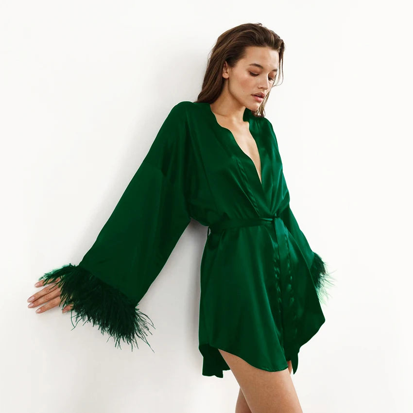 Elegant Satin Feather Bathrobe & Mini Dress - Long Sleeve Loose Peignoir for Brides and Special Occasions