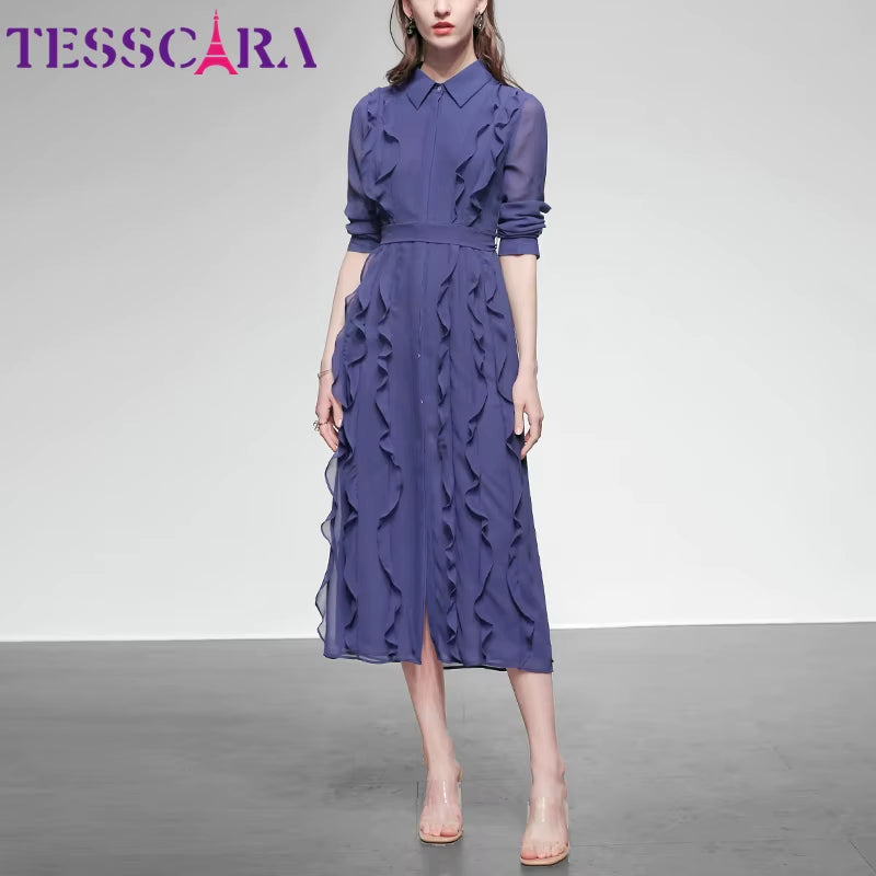 Elegant Women's Chiffon Dress Shirt - Perfect for Office and Cocktail Parties, Ruffle Design, High Quality Robe Femme