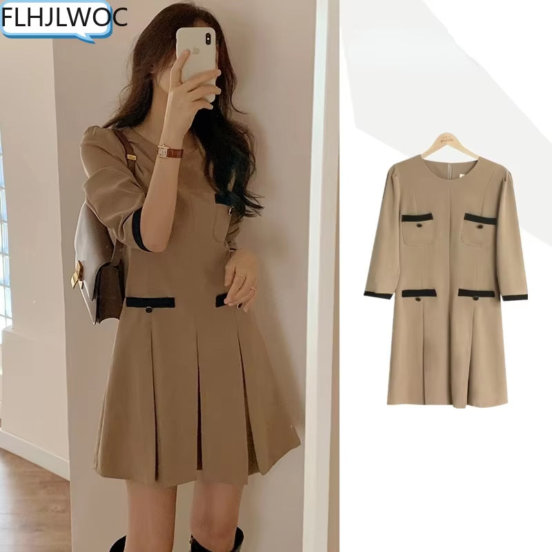 Chic Retro French Mini Dress - Elegant Khaki Style for Office & Casual Wear
