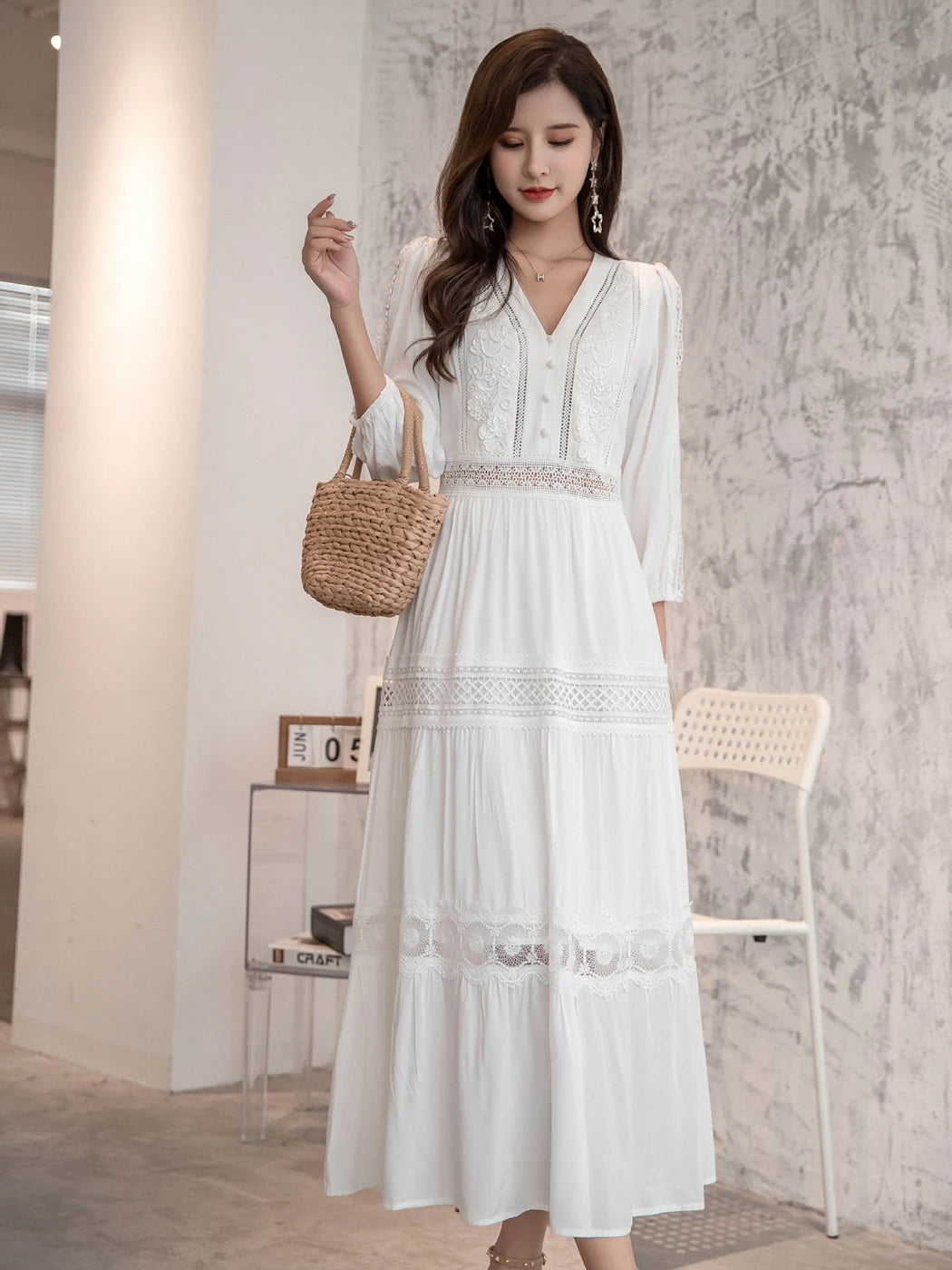 Elegant V-Neck Lantern Sleeve Maxi Dress - 2025 Spring Summer Cotton Patchwork Lace Beach Dress for Women