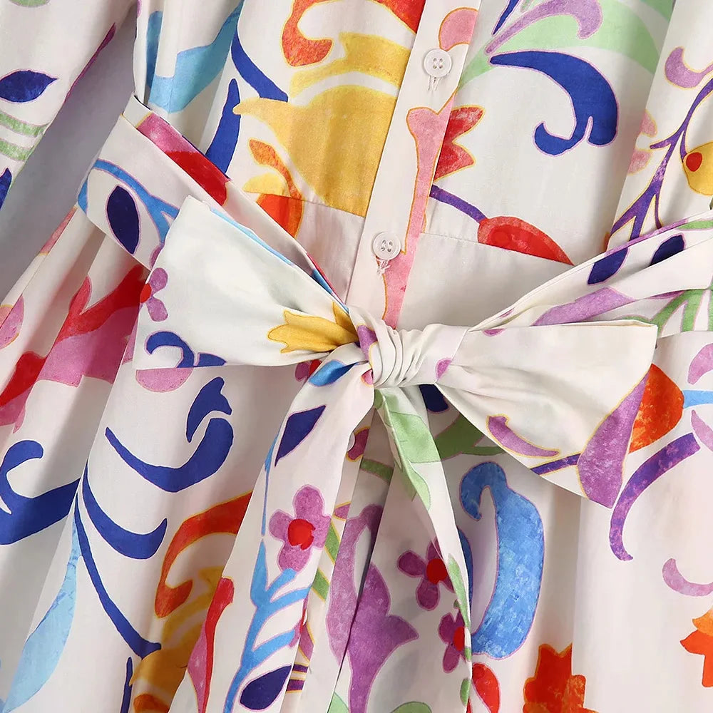 Chic Summer Floral Midi Dress with Bow Sashes and Three-Quarter Sleeves for Women