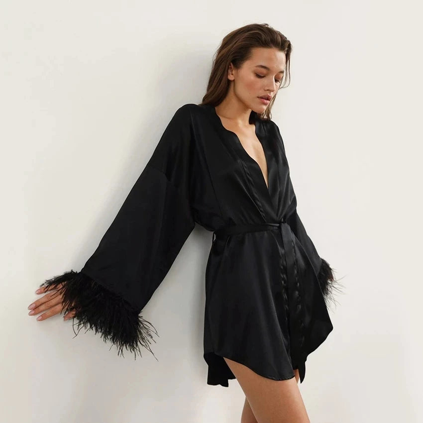 Elegant Satin Feather Bathrobe & Mini Dress - Long Sleeve Loose Peignoir for Brides and Special Occasions