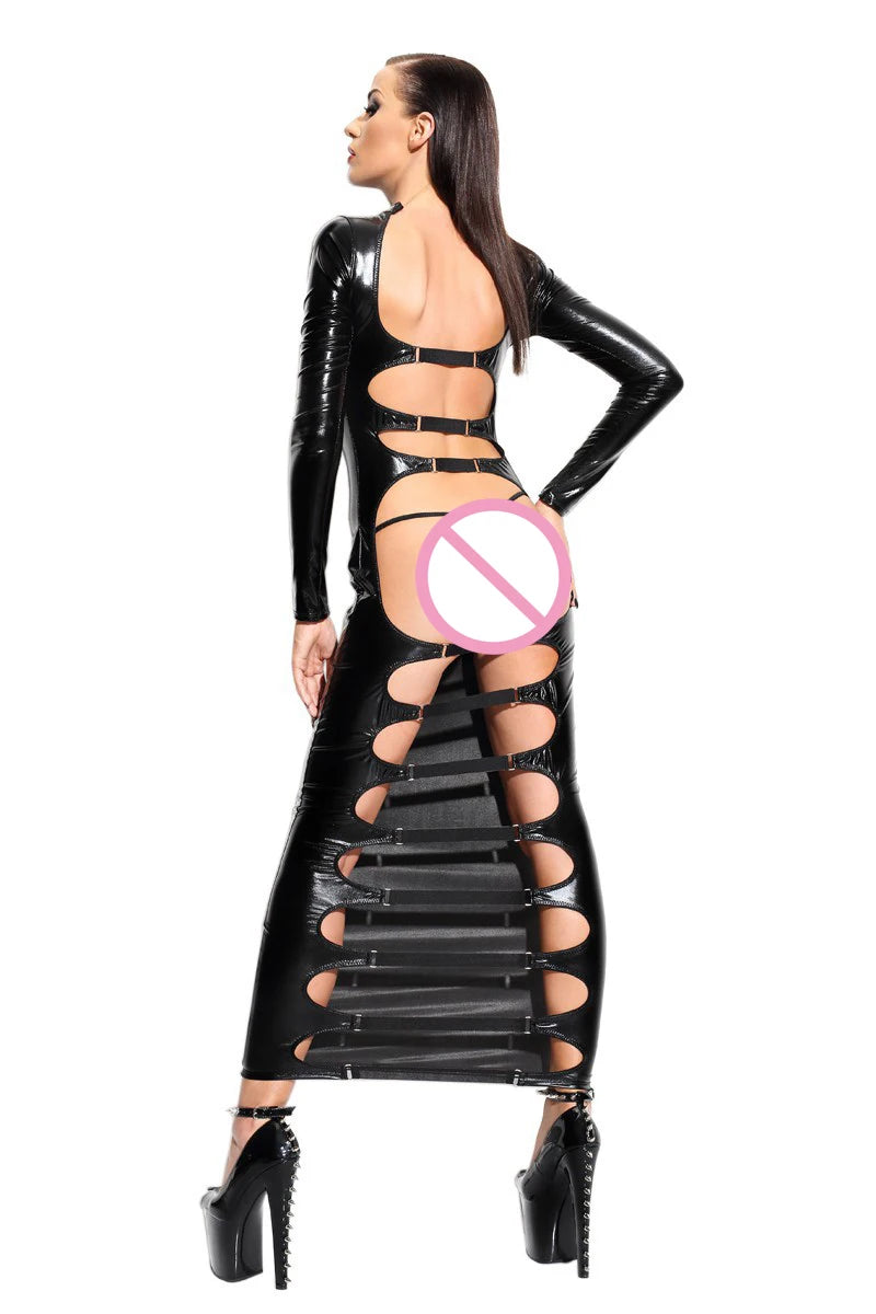 Seductive Black Faux Leather Open Back Maxi Dress with Long Sleeves - Perfect for Fetish and Night Out