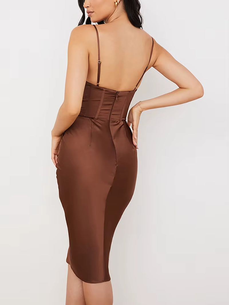 Satin Corset Midi Dress with Spaghetti Straps - Push Up Padded Bodycon for a Sexy Summer Look 2021