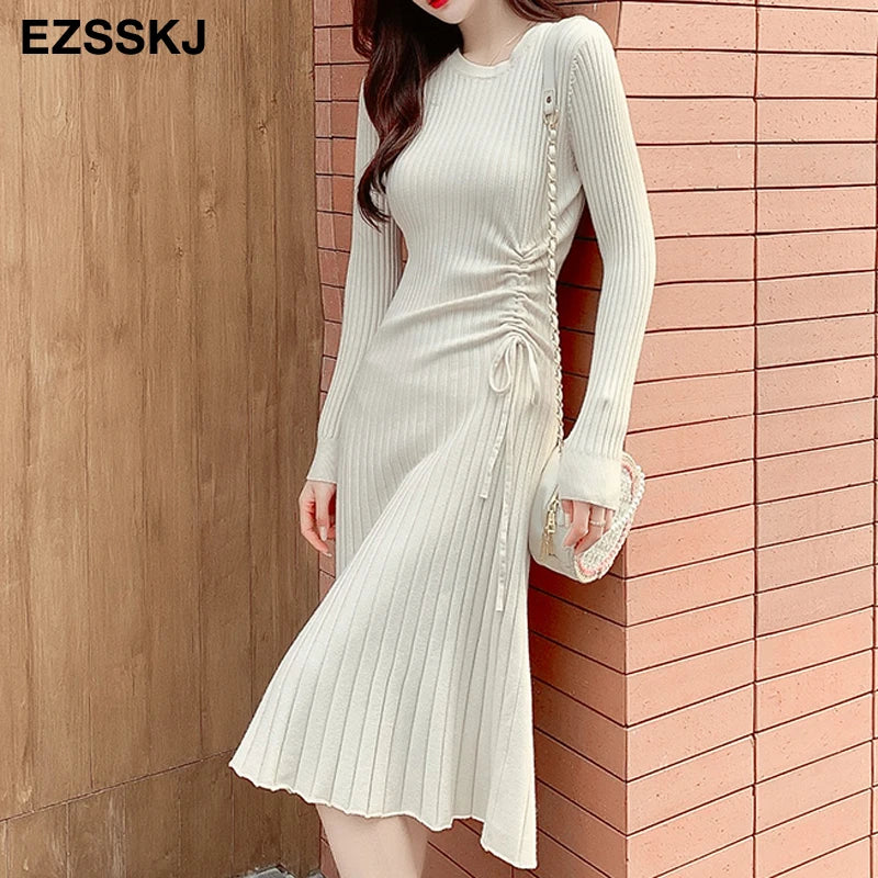 Chic A-Line Knit Sweater Dress for Women - Elegant Slim Midi with Drawstring Detail for Autumn & Winter