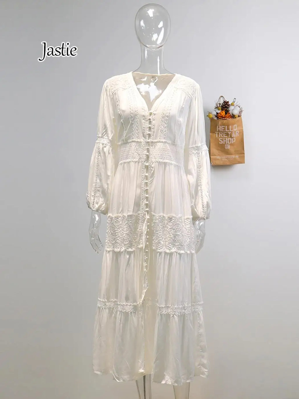 Elegant V-Neck Lantern Sleeve Maxi Dress - 2025 Spring Summer Cotton Patchwork Lace Beach Dress for Women