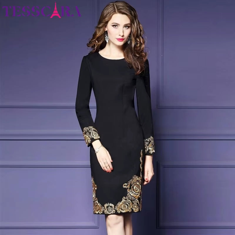 Elegant Vintage Embroidery Pencil Dress for Women - Autumn & Winter Luxury Office Wear