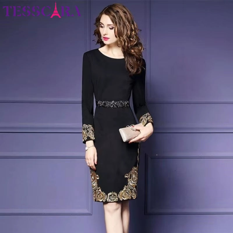 Elegant Vintage Embroidery Pencil Dress for Women - Autumn & Winter Luxury Office Wear