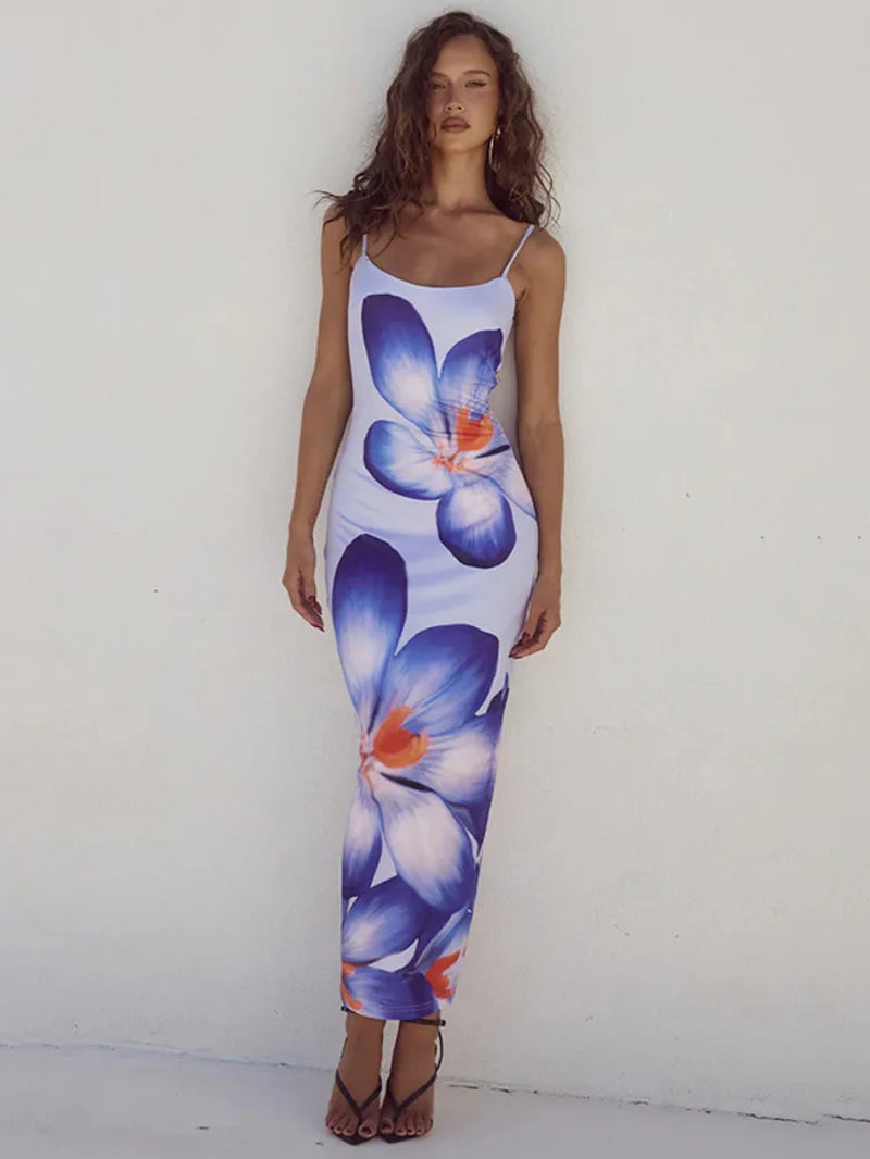 Elegant Floral Print Midi Dress for Women - Summer Spaghetti Strap Backless Bodycon Gown
