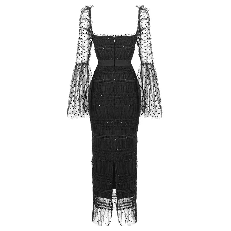Chic Dot Sequin Mesh Midi Dress for Women - Black & White Elegance
