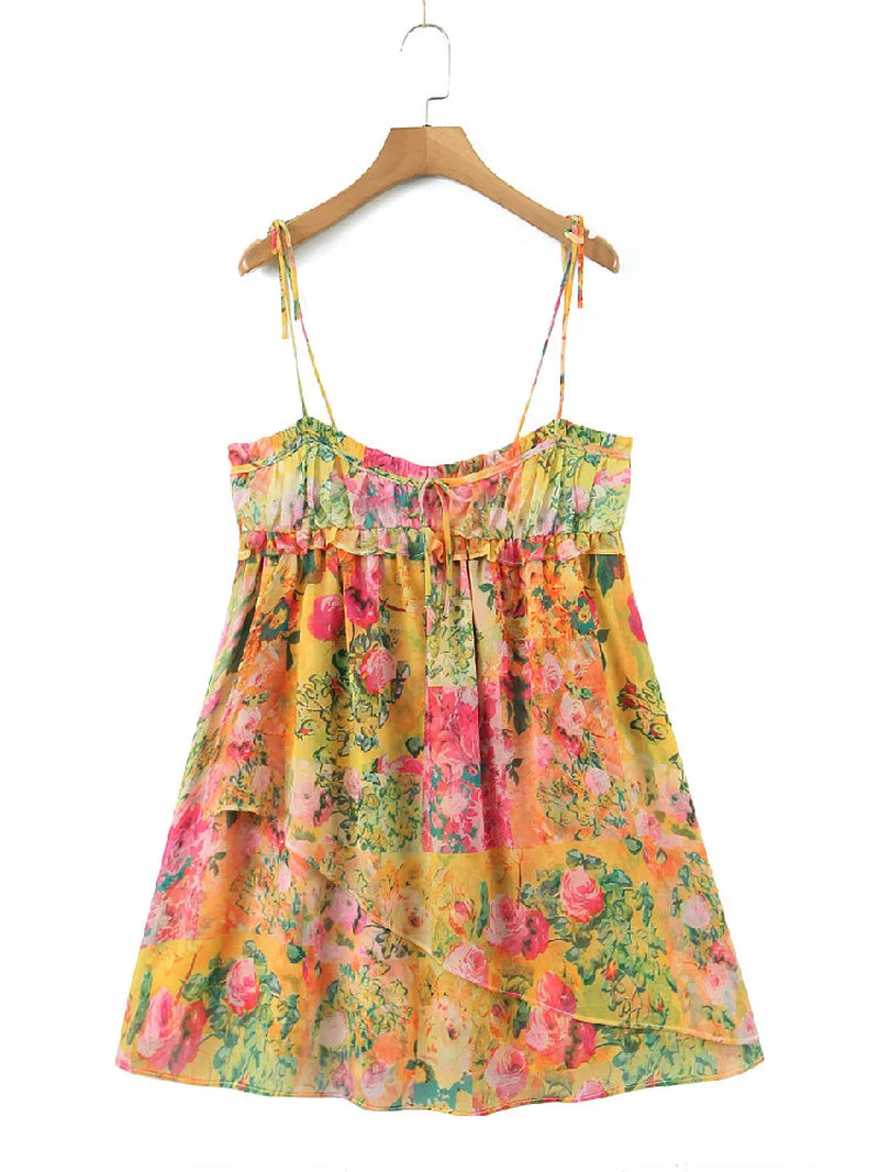 Boho Floral Print Mini Dress - Backless Corset Style with Spaghetti Straps and Lacing for a Chic Holiday Look