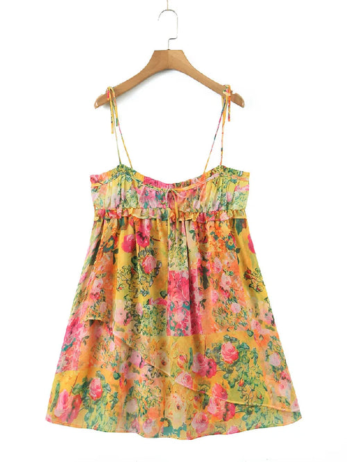 Boho Floral Print Mini Dress - Backless Corset Style with Spaghetti Straps and Lacing for a Chic Holiday Look