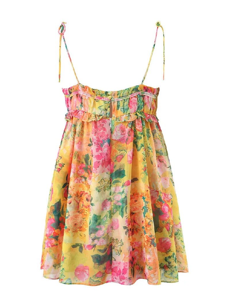 Boho Floral Print Mini Dress - Backless Corset Style with Spaghetti Straps and Lacing for a Chic Holiday Look