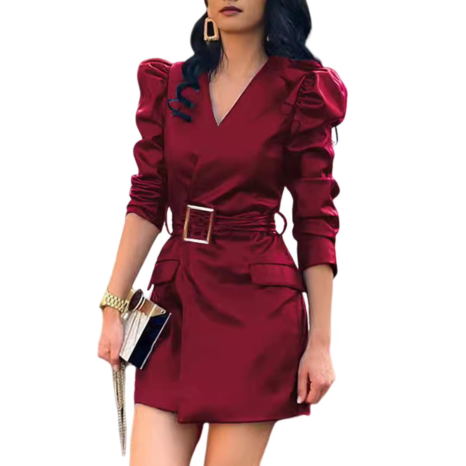 Elegant Lace Long Sleeve Mini Dress with Zipper Pockets - Slim Fit Faux Leather Party Dress for Women