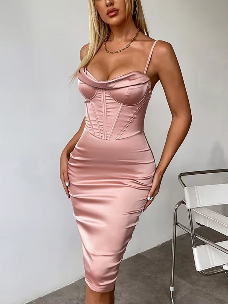 Satin Corset Midi Dress with Spaghetti Straps - Push Up Padded Bodycon for a Sexy Summer Look 2021
