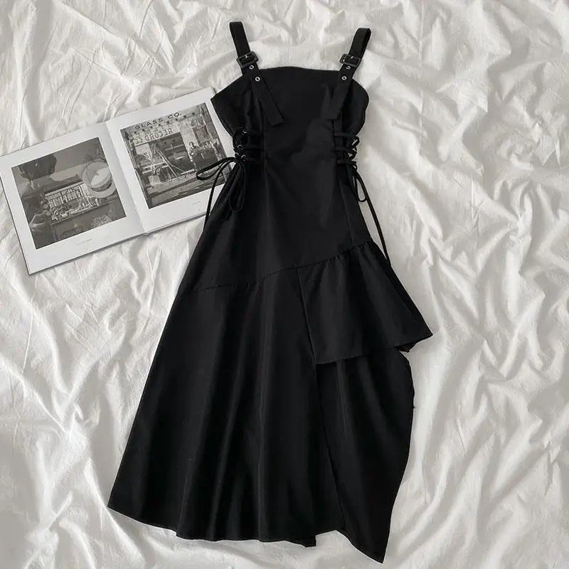 Chic Vintage Black Asymmetrical Sundress - Trendy Lace-Up Sleeveless Streetwear for Summer